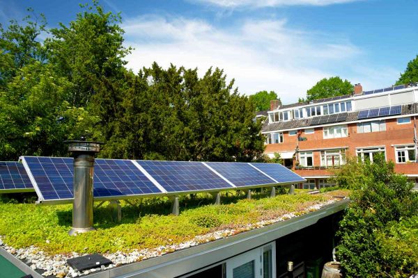 Garage die begrünt ist und eine PV-Anlage hat.
