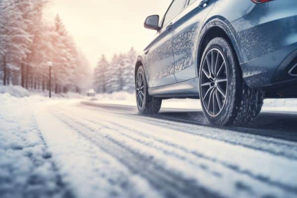 E-Auto fährt durch Winterlandschaft