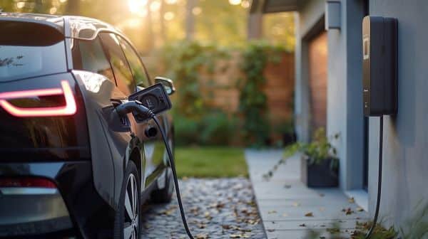 E-Auto wird in Hofeinfahrt geladen